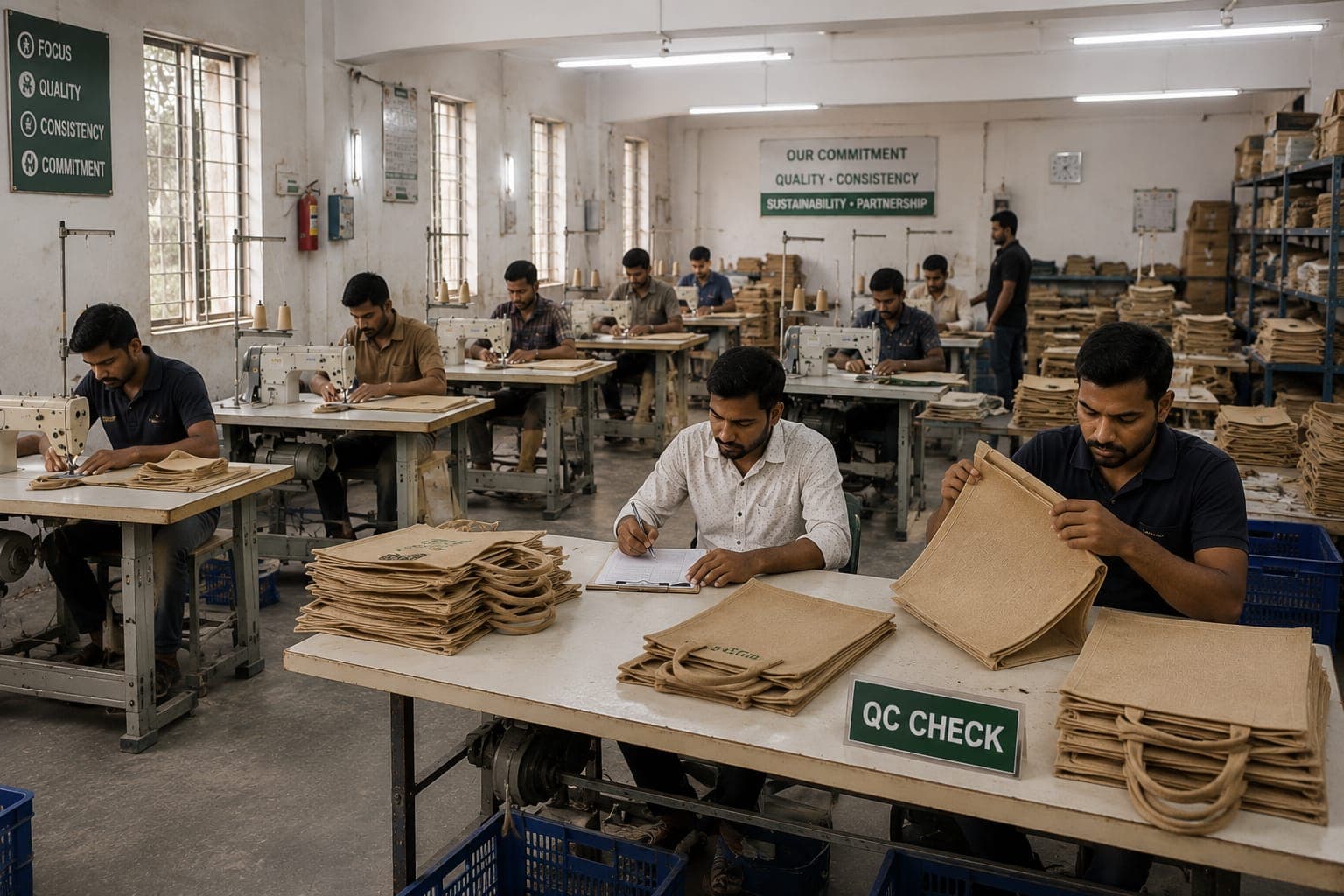 Workers finishing jute bags at the Sonali Jute factory